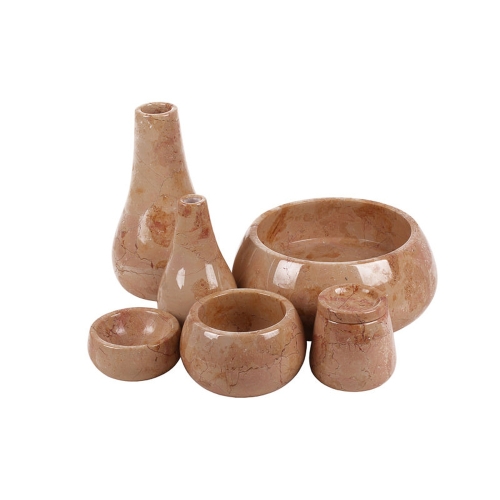 Serie "Obique" 7er Teile aus Marmor 2 Vasen + 2 Schalen + 1 Mörser + 2 Dosen Naturstein