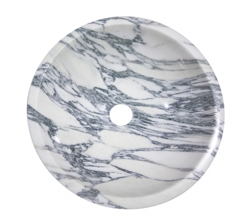 Waschbecken Waschschale aus 100% Marmor, Naturstein, Aufsatzwaschbecken Handwaschbecken, Farbe: weiß-grau, Durchmesser 34cm